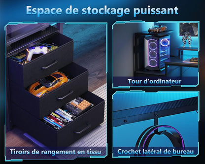 Bureau Gaming Coleshome Électrique – Éclairage LED RGB, Réversible avec Rangement et Support Écran – 140 cm – Style Moderne