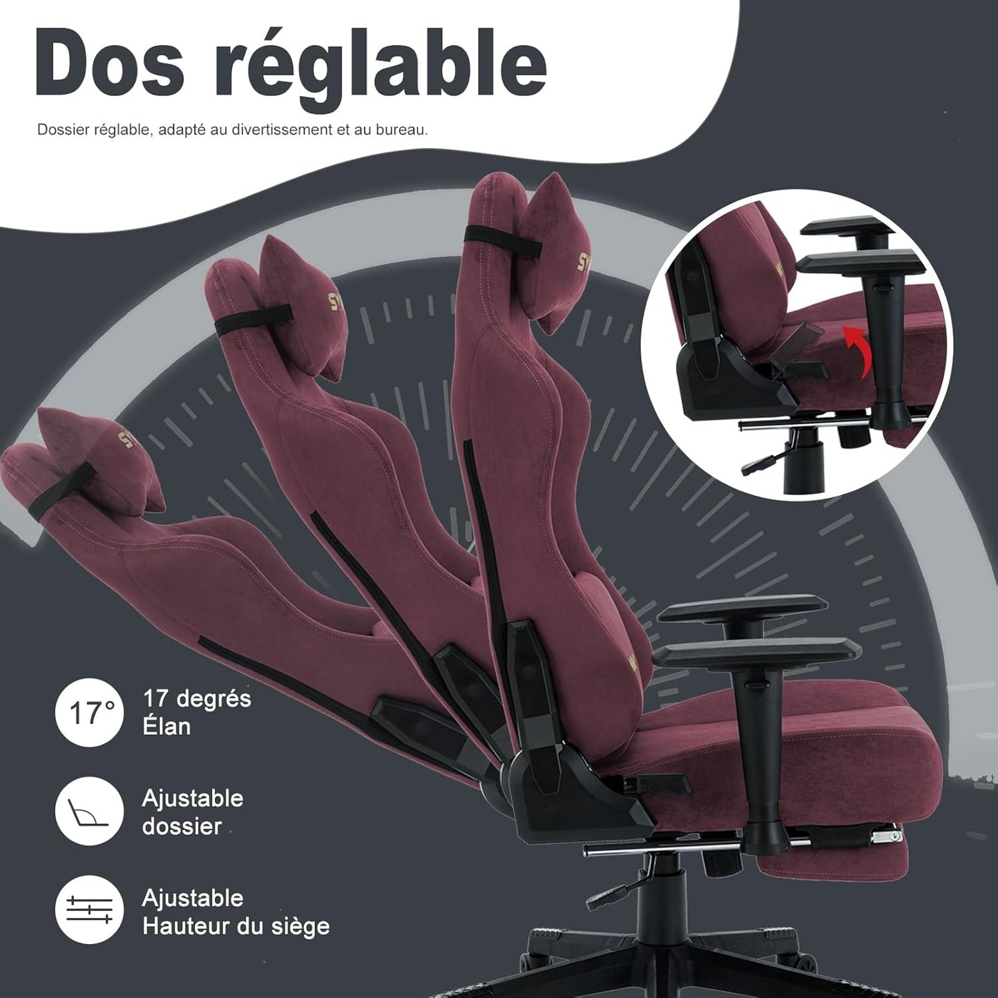 Chaise Gaming Symino – Ergonomique avec Repose-Pieds, Dossier Inclinable, Accoudoirs Ajustables, Cuir PU, Coussin Lombaire & Têtière