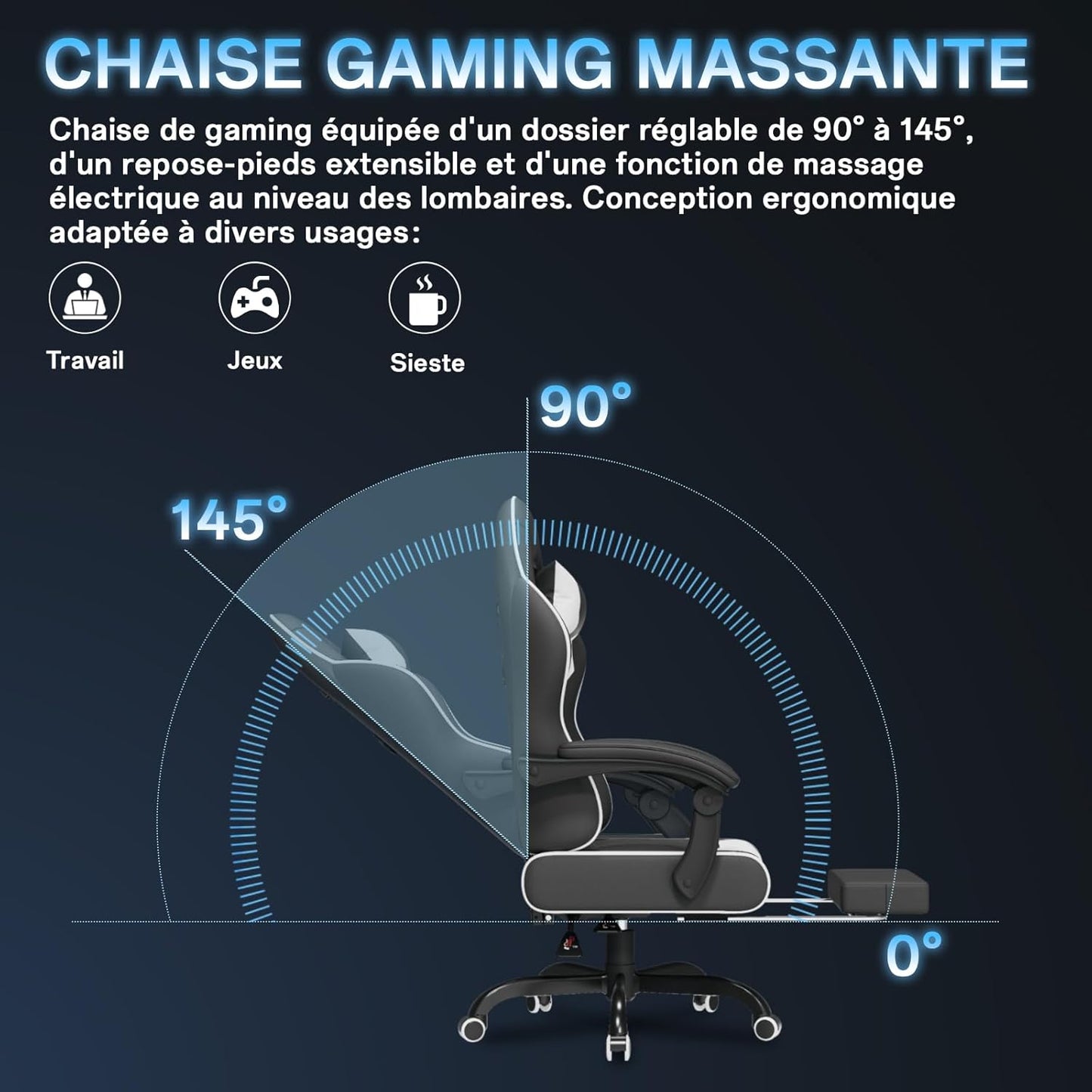 Fauteuil Gaming Massant TRIUMPHKEY – Ergonomique avec Appui-tête, Repose-pieds et Coussin Lombaire – Inclinaison 135° – Design Racing