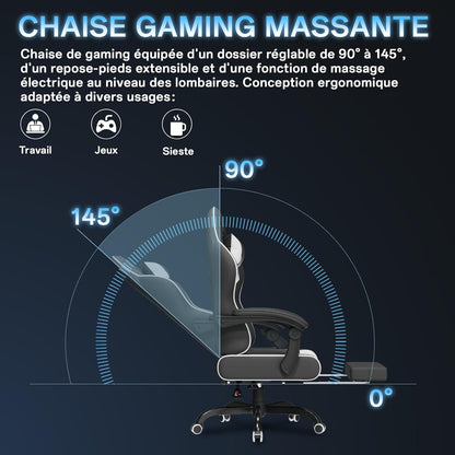 Fauteuil Gaming Massant TRIUMPHKEY – Ergonomique avec Appui-tête, Repose-pieds et Coussin Lombaire – Inclinaison 135° – Design Racing