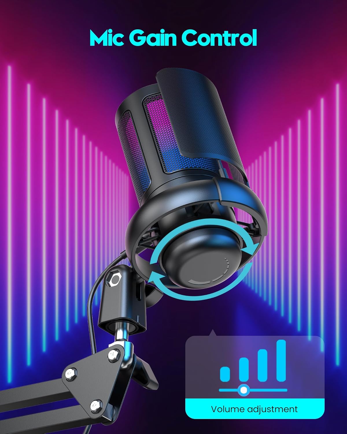 Microphone Gaming QIUOIO – USB Plug & Play avec Bras Articulé, Filtre Anti-Pop & Éclairage RGB – Idéal Streaming, Discord, YouTube, PC/PS5