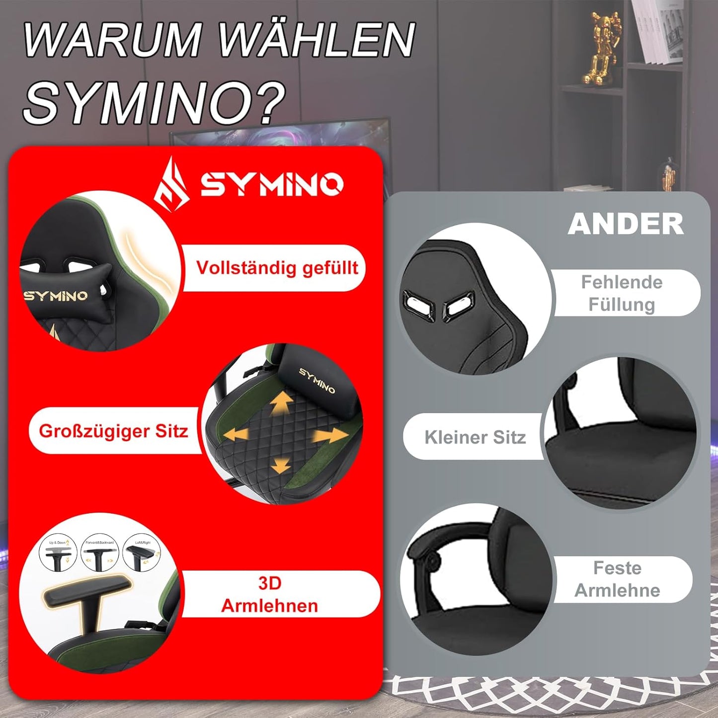 Chaise Gaming Symino – Ergonomique avec Repose-Pieds, Dossier Inclinable, Accoudoirs Ajustables, Cuir PU, Coussin Lombaire & Têtière