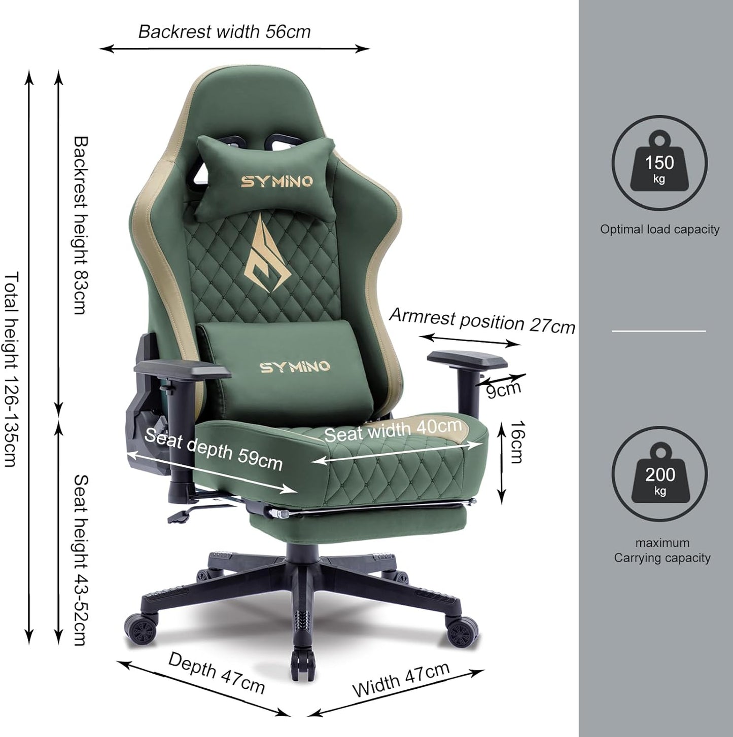 Chaise Gaming Symino – Ergonomique avec Repose-Pieds, Dossier Inclinable, Accoudoirs Ajustables, Cuir PU, Coussin Lombaire & Têtière