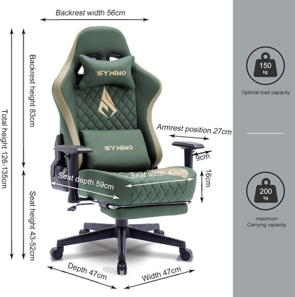 Chaise Gaming Symino – Ergonomique avec Repose-Pieds, Dossier Inclinable, Accoudoirs Ajustables, Cuir PU, Coussin Lombaire & Têtière