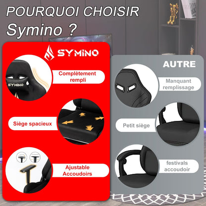 Chaise Gaming Symino – Ergonomique avec Repose-Pieds, Dossier Inclinable, Accoudoirs Ajustables, Cuir PU, Coussin Lombaire & Têtière
