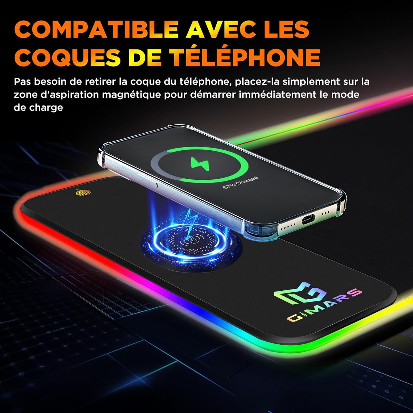 Tapis de Souris RGB XXL GIMARS – avec Chargeur Sans Fil 15W – 10 Modes d'Éclairage, Surface Imperméable et Base Antidérapante – 80×30 cm