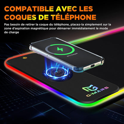 Tapis de Souris RGB XXL GIMARS – avec Chargeur Sans Fil 15W – 10 Modes d'Éclairage, Surface Imperméable et Base Antidérapante – 80×30 cm