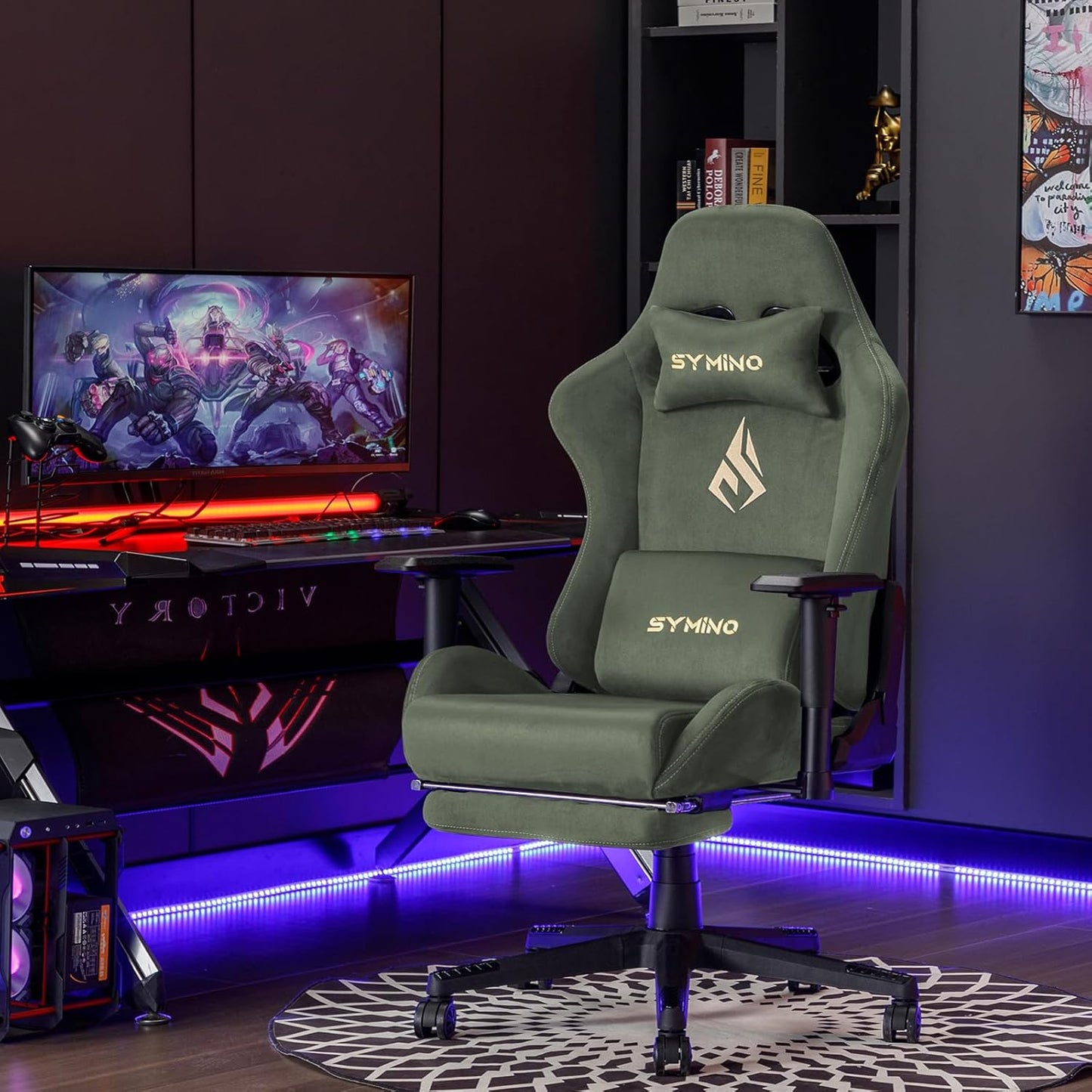 Chaise Gaming Symino – Ergonomique avec Repose-Pieds, Dossier Inclinable, Accoudoirs Ajustables, Cuir PU, Coussin Lombaire & Têtière