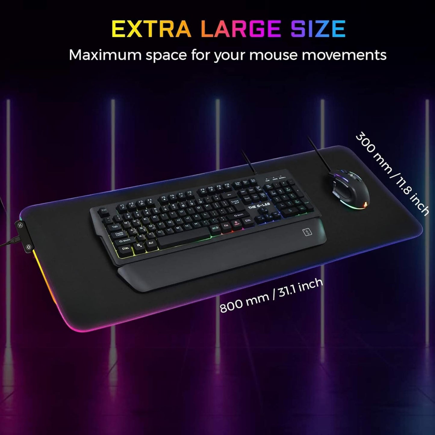 Tapis de Souris Gaming G-Lab Rubidium – XL 450×400 mm, Surface Antidérapante, Rétroéclairage RGB, Résistant à l’Eau – Compatible Souris Optique/Laser