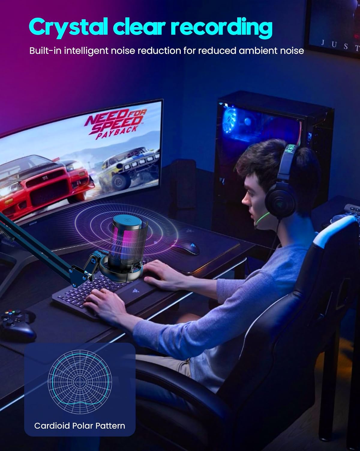 Microphone Gaming QIUOIO – USB Plug & Play avec Bras Articulé, Filtre Anti-Pop & Éclairage RGB – Idéal Streaming, Discord, YouTube, PC/PS5