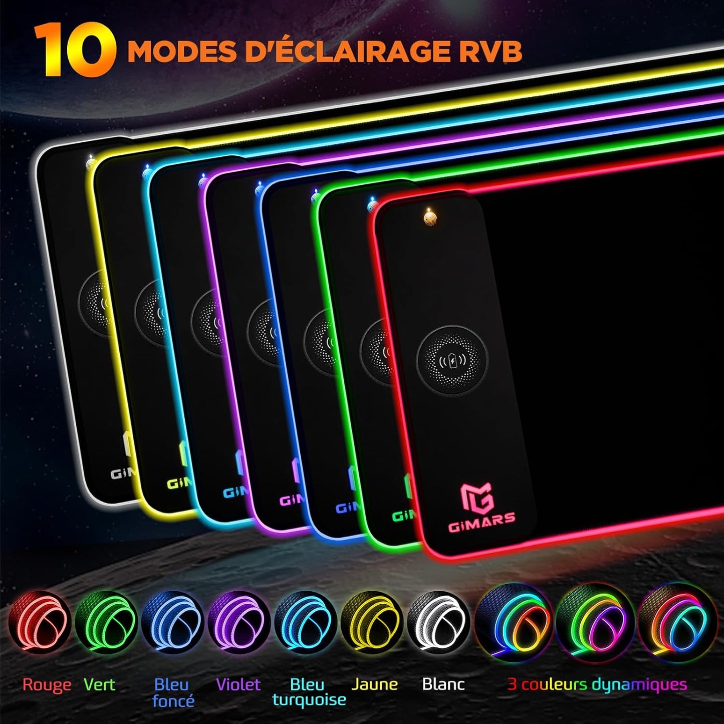 Tapis de Souris RGB XXL GIMARS – avec Chargeur Sans Fil 15W – 10 Modes d'Éclairage, Surface Imperméable et Base Antidérapante – 80×30 cm