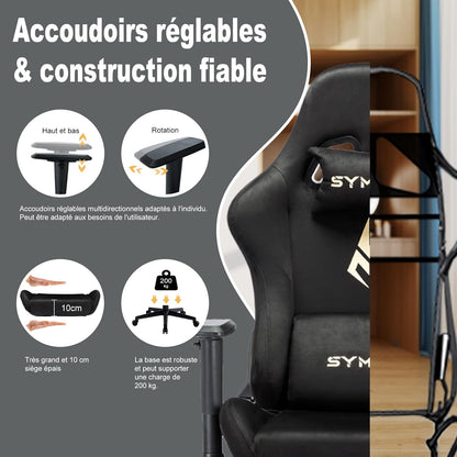 Chaise Gaming Symino – Ergonomique avec Repose-Pieds, Dossier Inclinable, Accoudoirs Ajustables, Cuir PU, Coussin Lombaire & Têtière