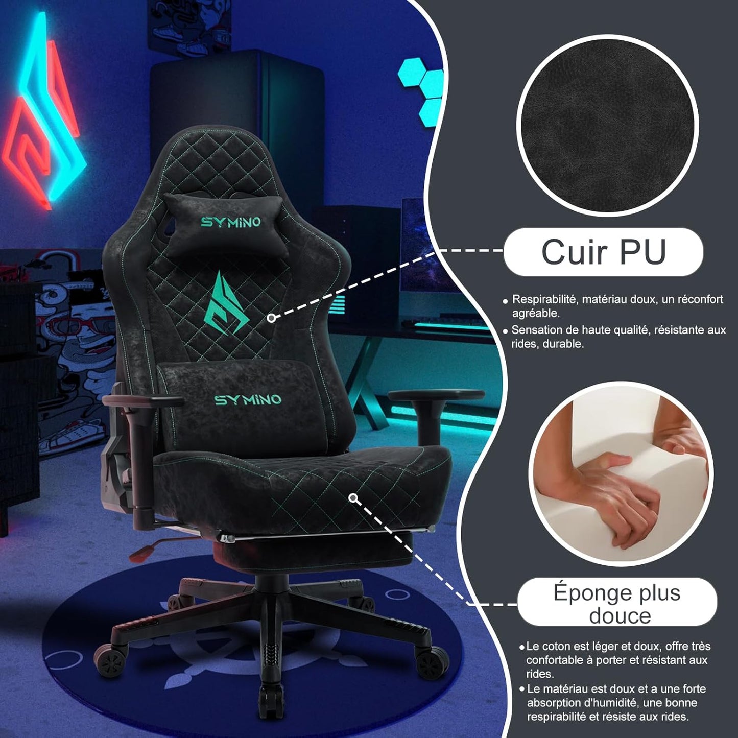 Chaise Gaming Symino – Ergonomique avec Repose-Pieds, Dossier Inclinable, Accoudoirs Ajustables, Cuir PU, Coussin Lombaire & Têtière