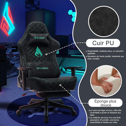Chaise Gaming Symino – Ergonomique avec Repose-Pieds, Dossier Inclinable, Accoudoirs Ajustables, Cuir PU, Coussin Lombaire & Têtière