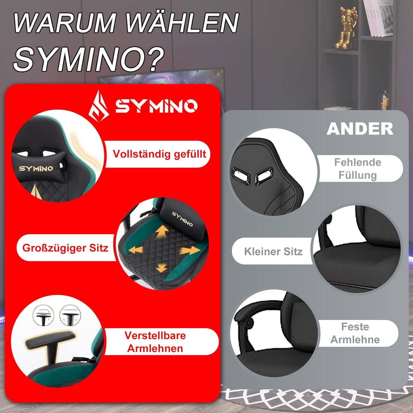 Chaise Gaming Symino – Ergonomique avec Repose-Pieds, Dossier Inclinable, Accoudoirs Ajustables, Cuir PU, Coussin Lombaire & Têtière