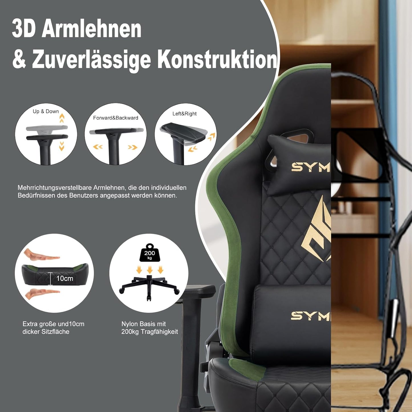 Chaise Gaming Symino – Ergonomique avec Repose-Pieds, Dossier Inclinable, Accoudoirs Ajustables, Cuir PU, Coussin Lombaire & Têtière