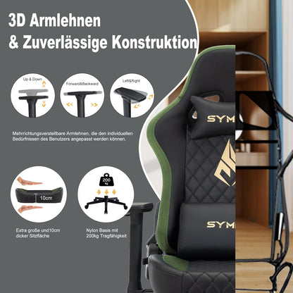 Chaise Gaming Symino – Ergonomique avec Repose-Pieds, Dossier Inclinable, Accoudoirs Ajustables, Cuir PU, Coussin Lombaire & Têtière