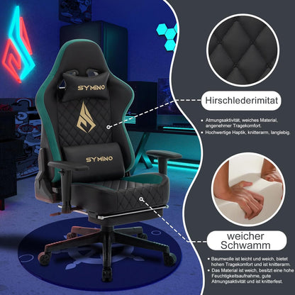 Chaise Gaming Symino – Ergonomique avec Repose-Pieds, Dossier Inclinable, Accoudoirs Ajustables, Cuir PU, Coussin Lombaire & Têtière