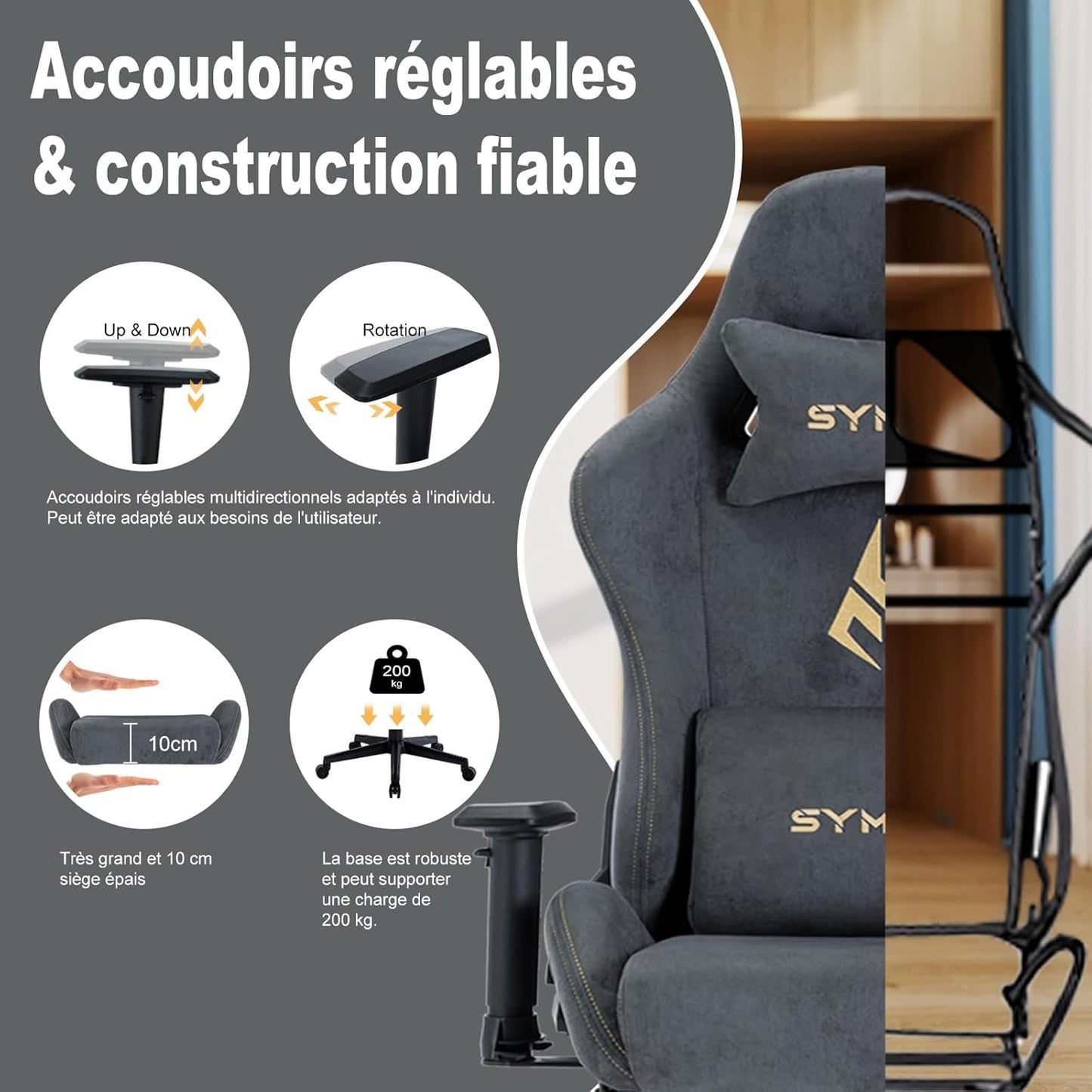 Chaise Gaming Symino – Ergonomique avec Repose-Pieds, Dossier Inclinable, Accoudoirs Ajustables, Cuir PU, Coussin Lombaire & Têtière