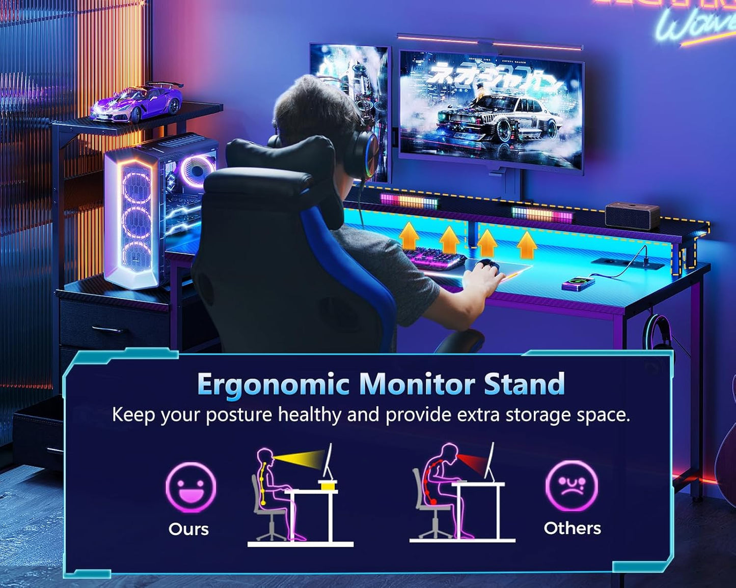 Bureau Gaming Coleshome Électrique – Éclairage LED RGB, Réversible avec Rangement et Support Écran – 140 cm – Style Moderne