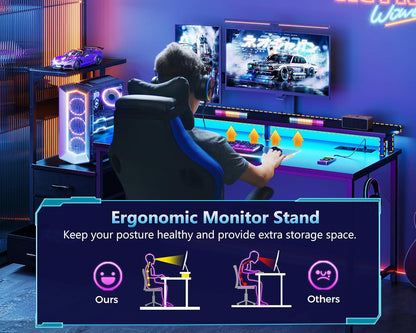 Bureau Gaming Coleshome Électrique – Éclairage LED RGB, Réversible avec Rangement et Support Écran – 140 cm – Style Moderne