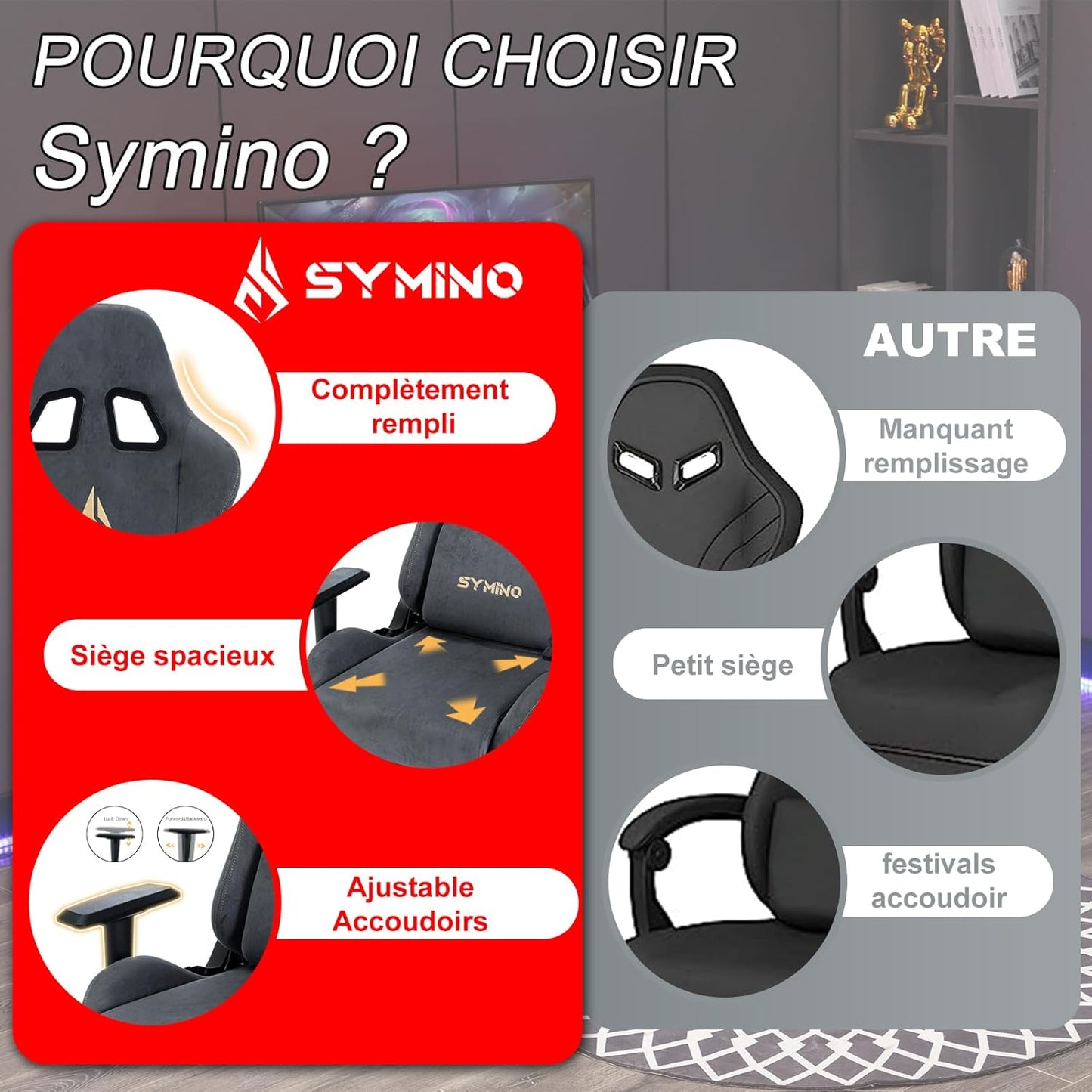 Chaise Gaming Symino – Ergonomique avec Repose-Pieds, Dossier Inclinable, Accoudoirs Ajustables, Cuir PU, Coussin Lombaire & Têtière