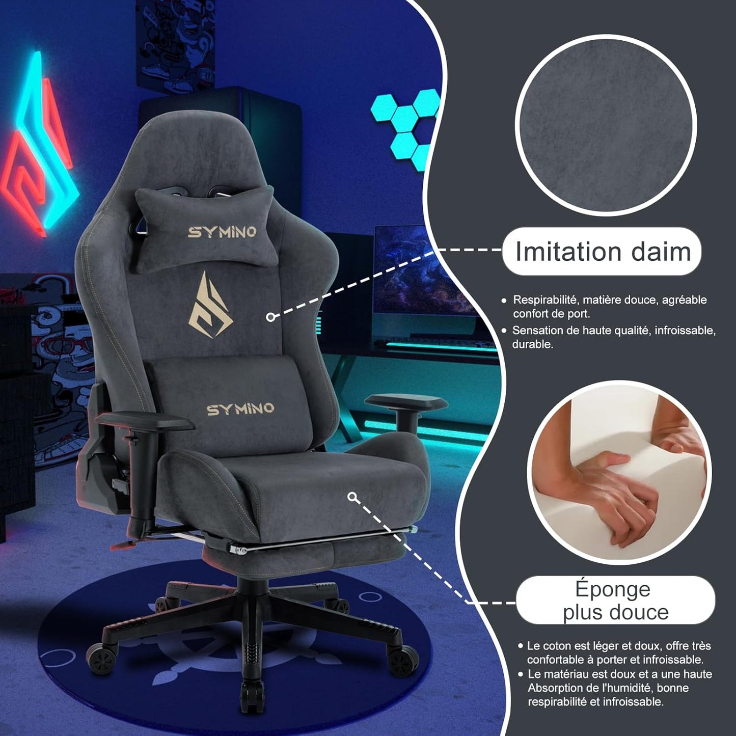 Chaise Gaming Symino – Ergonomique avec Repose-Pieds, Dossier Inclinable, Accoudoirs Ajustables, Cuir PU, Coussin Lombaire & Têtière