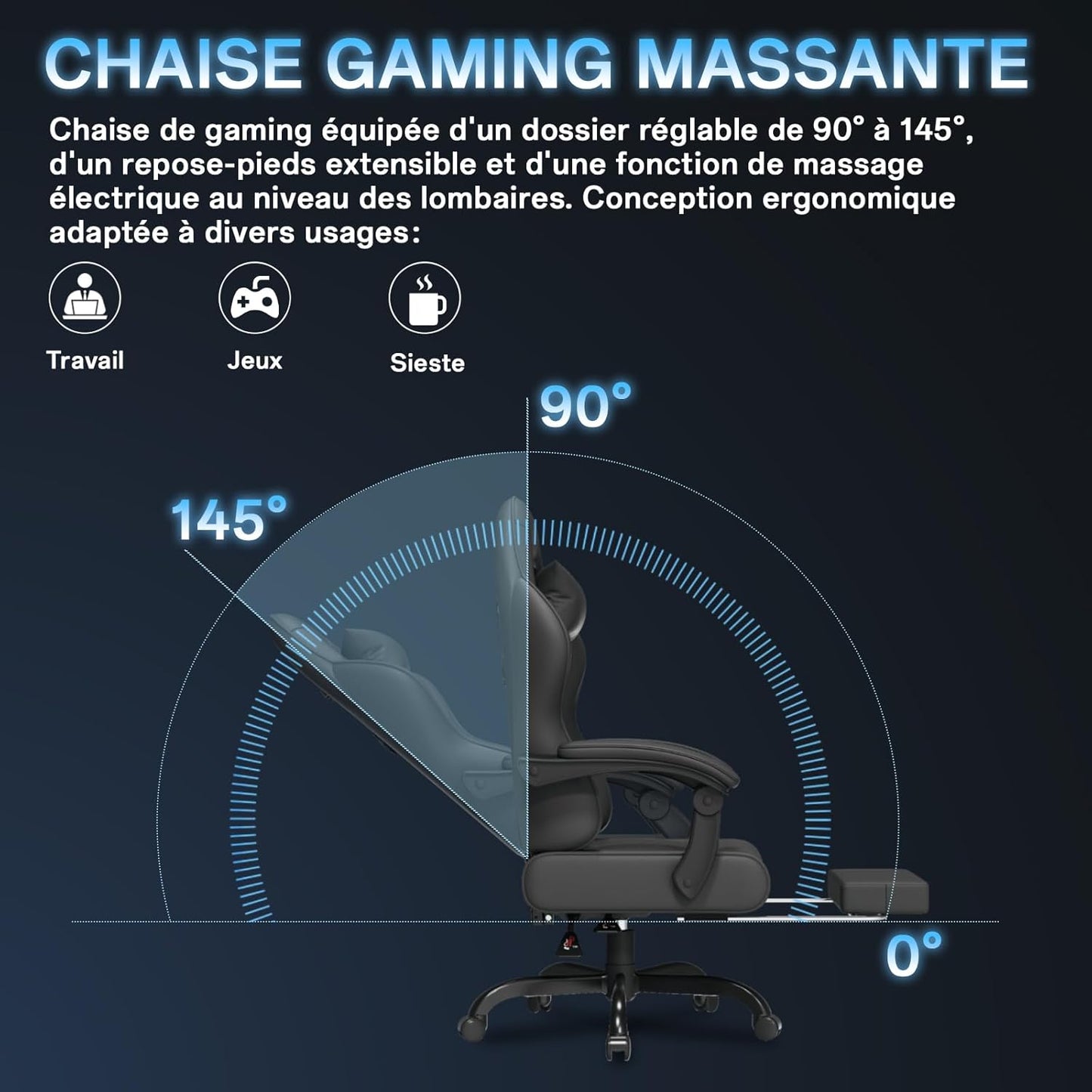 Fauteuil Gaming Massant TRIUMPHKEY – Ergonomique avec Appui-tête, Repose-pieds et Coussin Lombaire – Inclinaison 135° – Design Racing