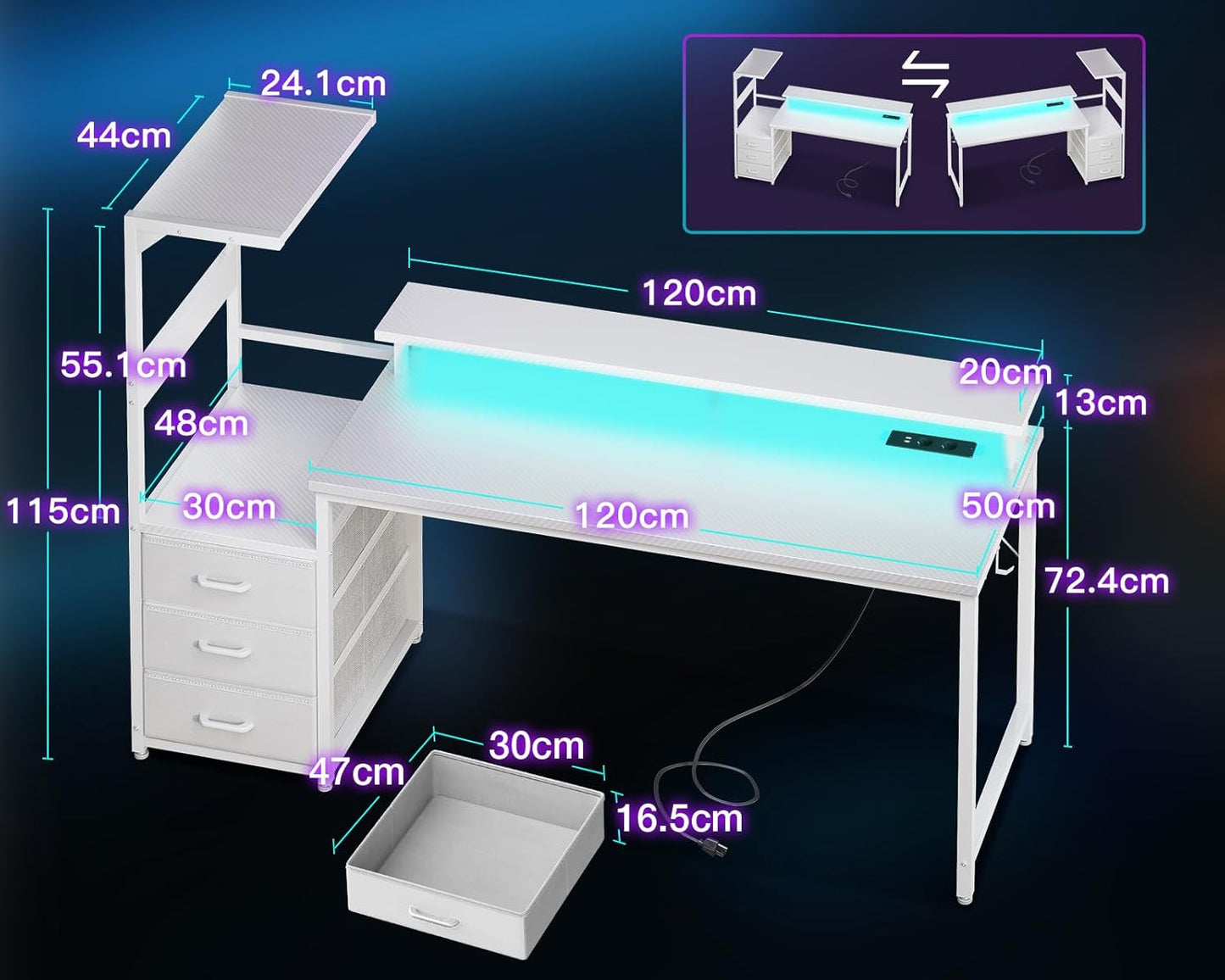 Bureau Gaming Coleshome Électrique – Éclairage LED RGB, Réversible avec Rangement et Support Écran – 140 cm – Style Moderne