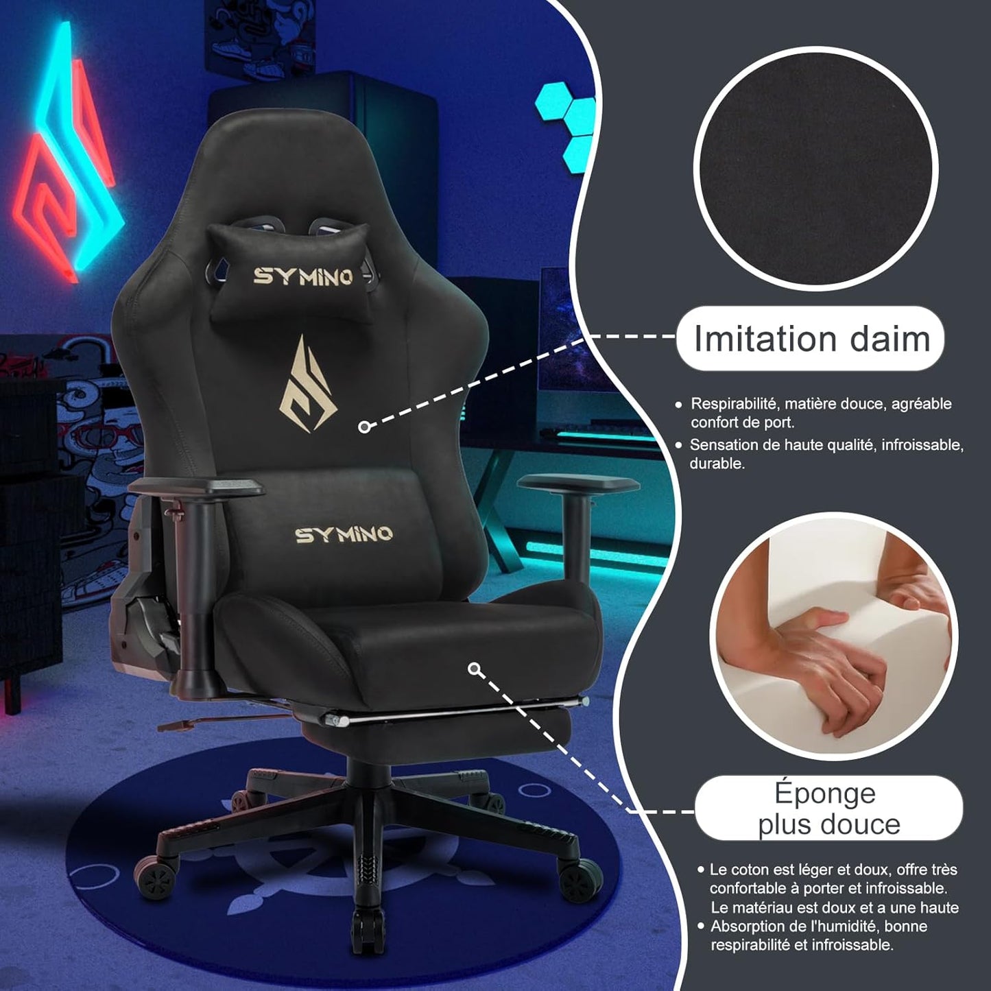 Chaise Gaming Symino – Ergonomique avec Repose-Pieds, Dossier Inclinable, Accoudoirs Ajustables, Cuir PU, Coussin Lombaire & Têtière