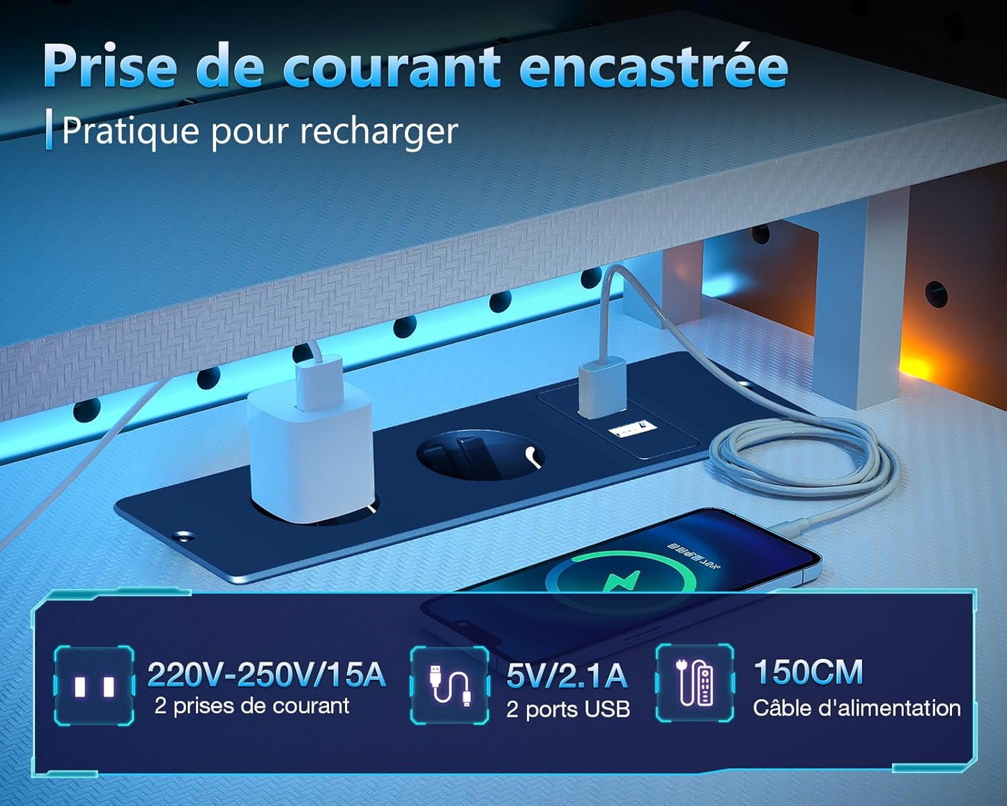 Bureau Gaming Coleshome Électrique – Éclairage LED RGB, Réversible avec Rangement et Support Écran – 140 cm – Style Moderne