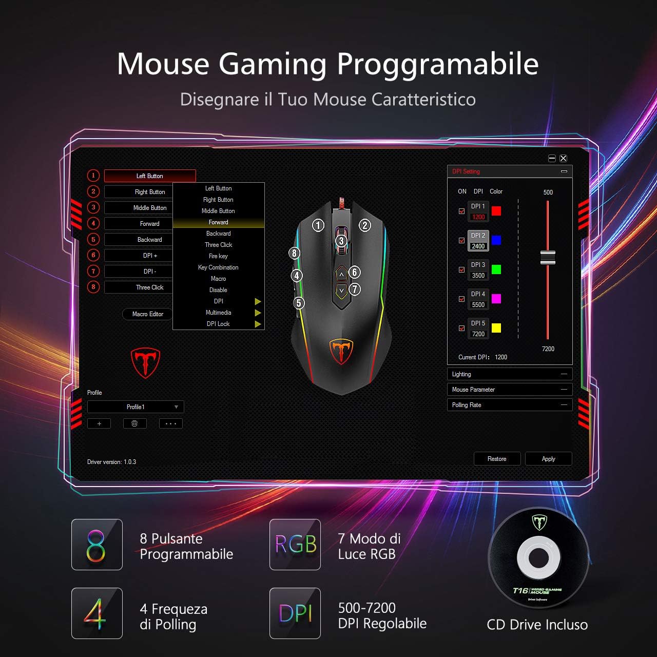 Souris Gaming Filaire RGB – Haute Précision 12400 DPI – 7 Boutons Programmables – Poids Ajustable – Ergonomique et Compatible Windows/Mac