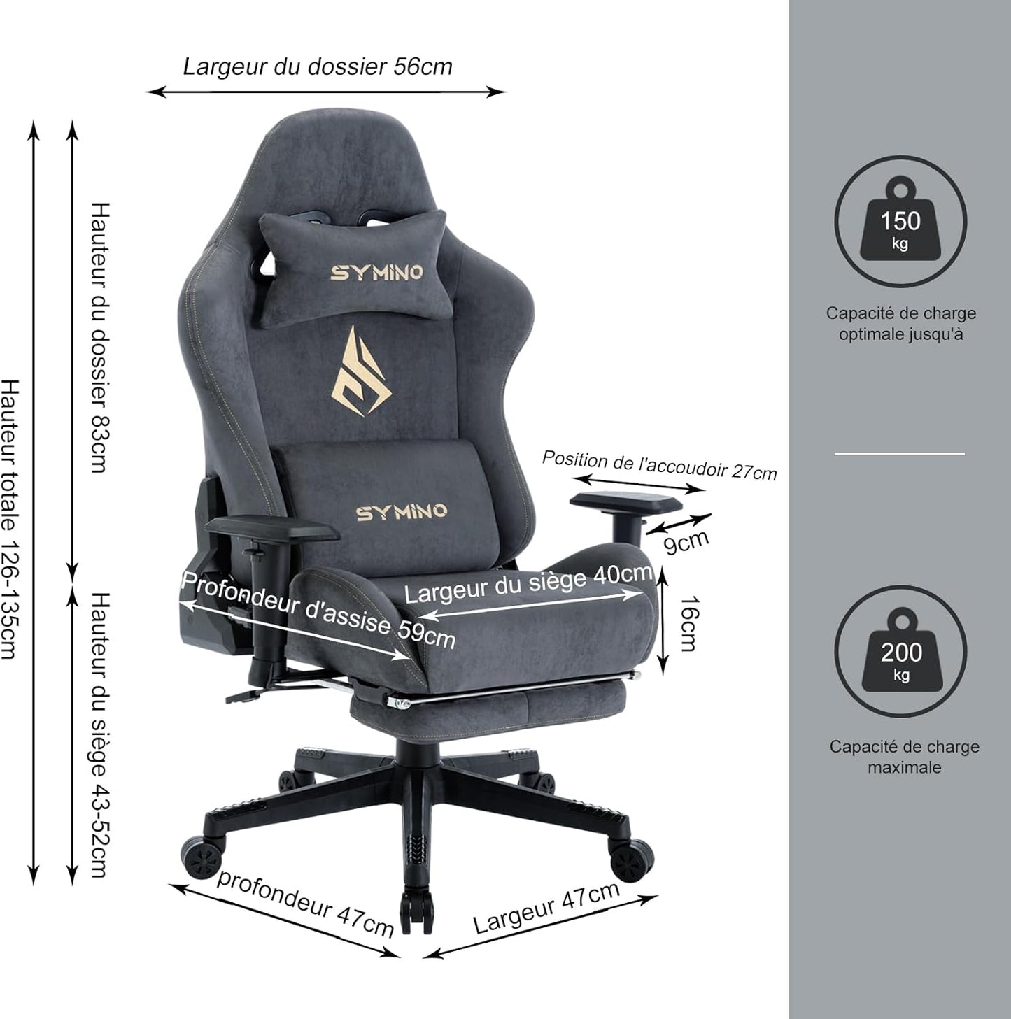 Chaise Gaming Symino – Ergonomique avec Repose-Pieds, Dossier Inclinable, Accoudoirs Ajustables, Cuir PU, Coussin Lombaire & Têtière