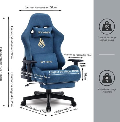 Chaise Gaming Symino – Ergonomique avec Repose-Pieds, Dossier Inclinable, Accoudoirs Ajustables, Cuir PU, Coussin Lombaire & Têtière