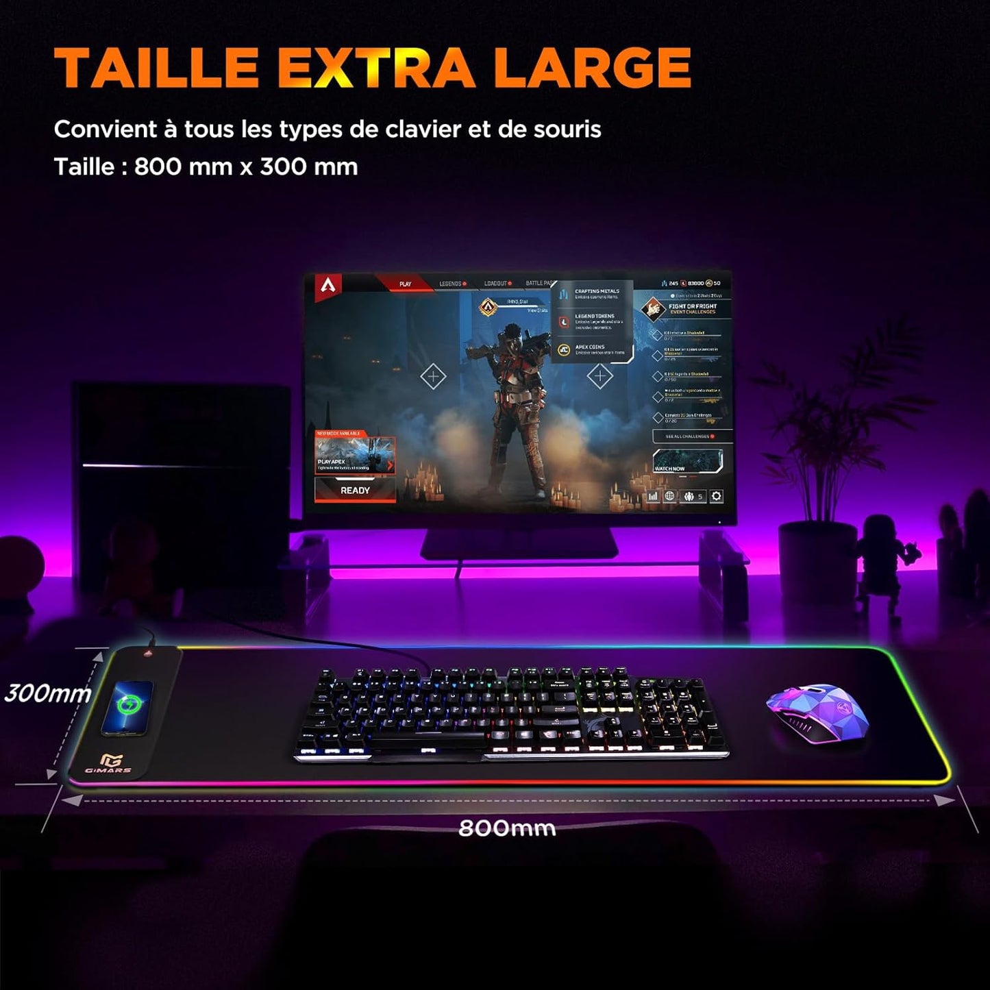 Tapis de Souris RGB XXL GIMARS – avec Chargeur Sans Fil 15W – 10 Modes d'Éclairage, Surface Imperméable et Base Antidérapante – 80×30 cm