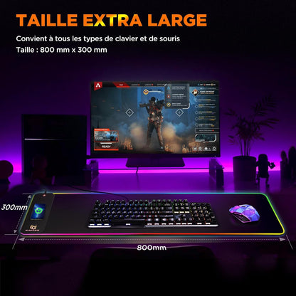 Tapis de Souris RGB XXL GIMARS – avec Chargeur Sans Fil 15W – 10 Modes d'Éclairage, Surface Imperméable et Base Antidérapante – 80×30 cm
