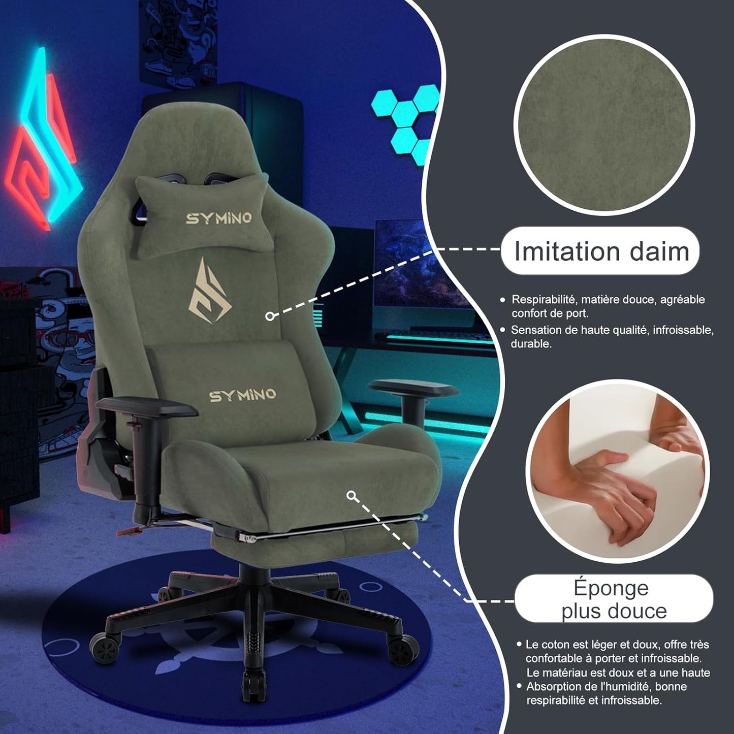 Chaise Gaming Symino – Ergonomique avec Repose-Pieds, Dossier Inclinable, Accoudoirs Ajustables, Cuir PU, Coussin Lombaire & Têtière