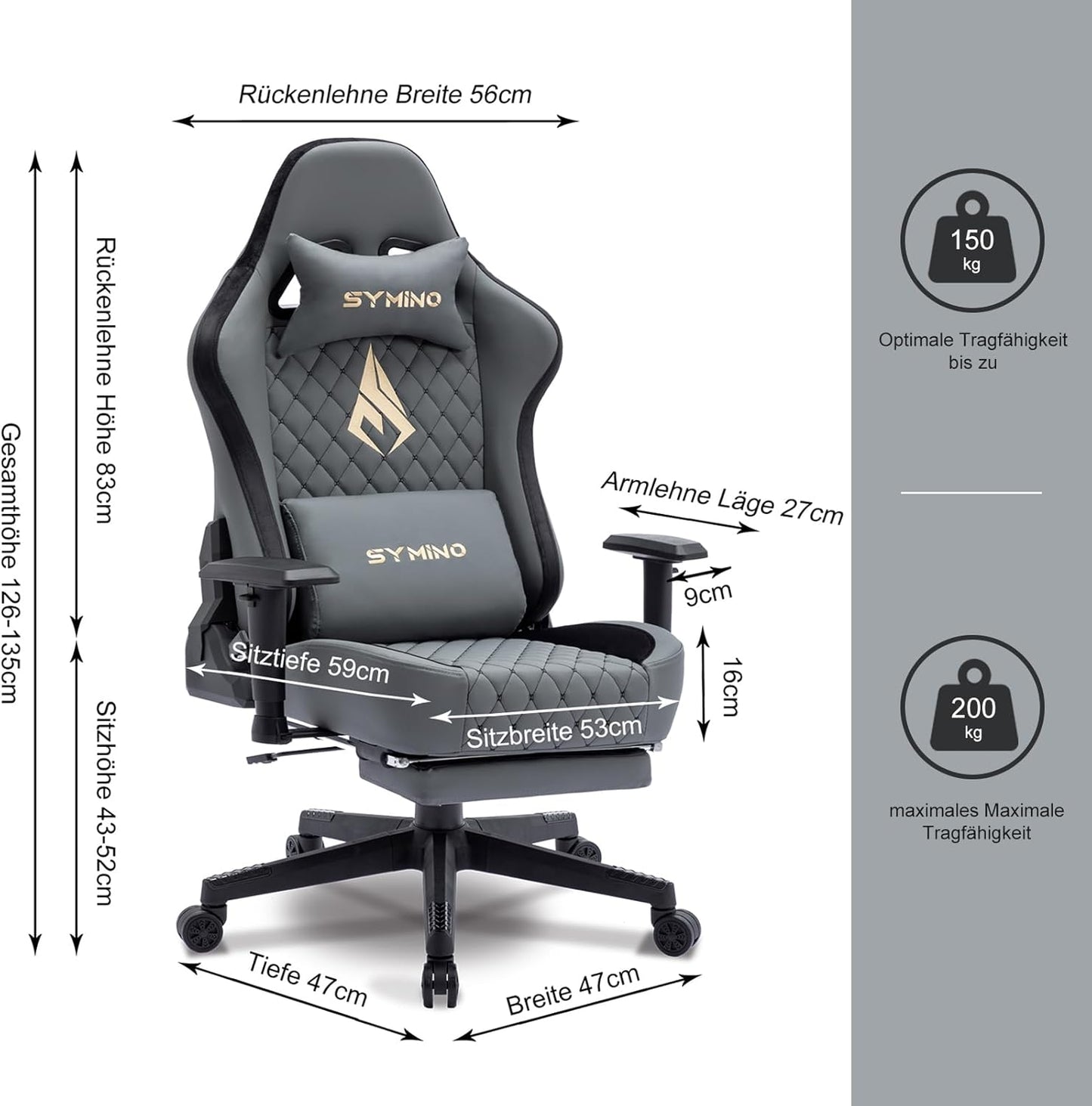 Chaise Gaming Symino – Ergonomique avec Repose-Pieds, Dossier Inclinable, Accoudoirs Ajustables, Cuir PU, Coussin Lombaire & Têtière