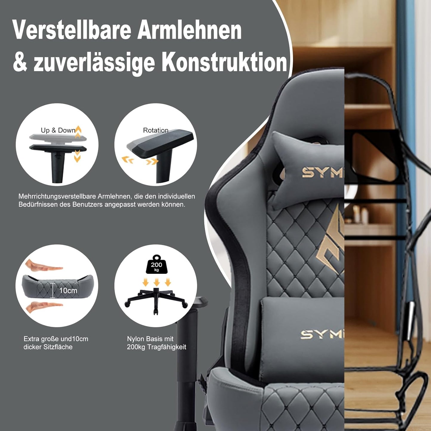 Chaise Gaming Symino – Ergonomique avec Repose-Pieds, Dossier Inclinable, Accoudoirs Ajustables, Cuir PU, Coussin Lombaire & Têtière