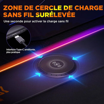Tapis de Souris RGB XXL GIMARS – avec Chargeur Sans Fil 15W – 10 Modes d'Éclairage, Surface Imperméable et Base Antidérapante – 80×30 cm