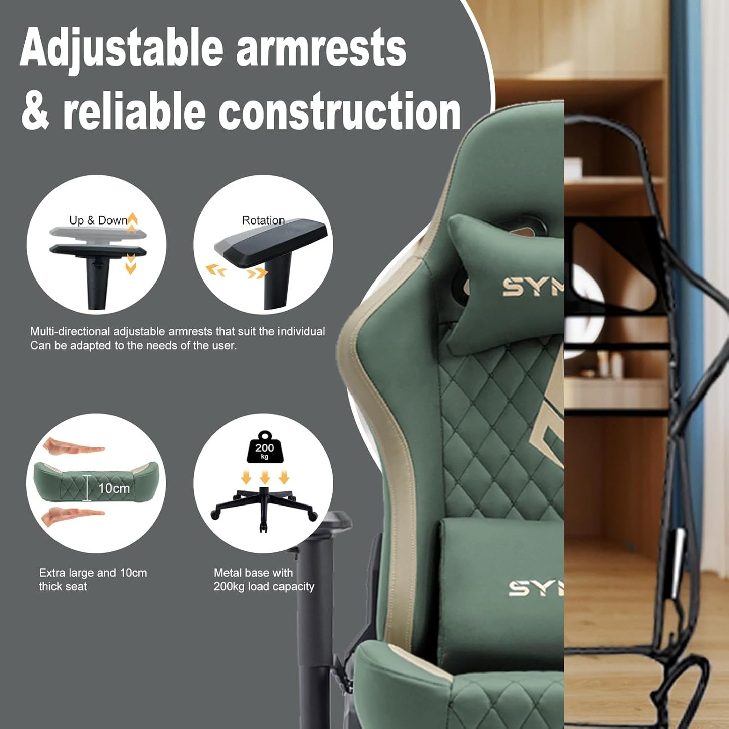 Chaise Gaming Symino – Ergonomique avec Repose-Pieds, Dossier Inclinable, Accoudoirs Ajustables, Cuir PU, Coussin Lombaire & Têtière