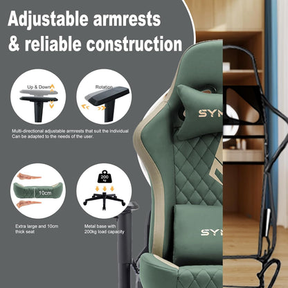 Chaise Gaming Symino – Ergonomique avec Repose-Pieds, Dossier Inclinable, Accoudoirs Ajustables, Cuir PU, Coussin Lombaire & Têtière