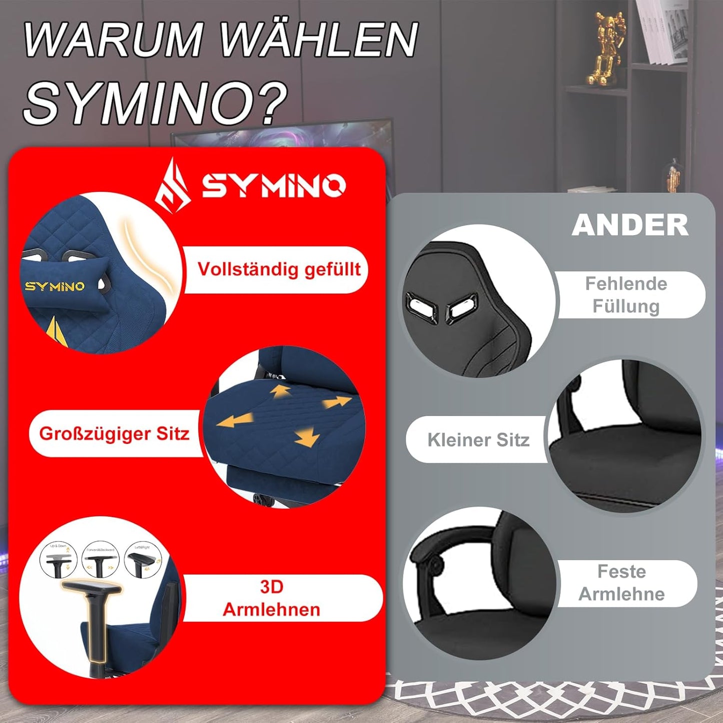 Chaise Gaming Symino – Ergonomique avec Repose-Pieds, Dossier Inclinable, Accoudoirs Ajustables, Cuir PU, Coussin Lombaire & Têtière