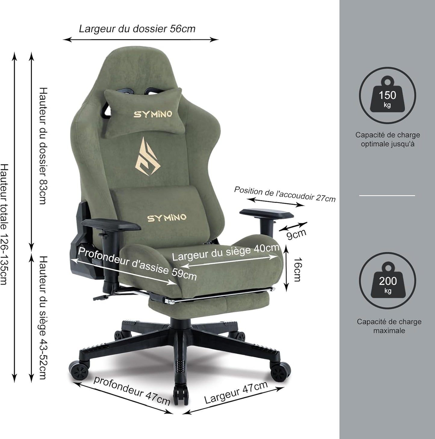 Chaise Gaming Symino – Ergonomique avec Repose-Pieds, Dossier Inclinable, Accoudoirs Ajustables, Cuir PU, Coussin Lombaire & Têtière