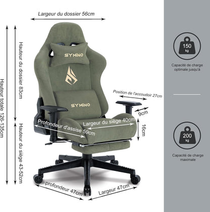 Chaise Gaming Symino – Ergonomique avec Repose-Pieds, Dossier Inclinable, Accoudoirs Ajustables, Cuir PU, Coussin Lombaire & Têtière