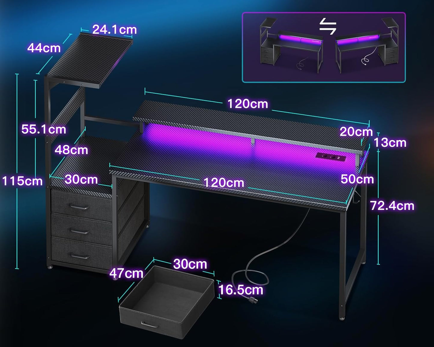 Bureau Gaming Coleshome Électrique – Éclairage LED RGB, Réversible avec Rangement et Support Écran – 140 cm – Style Moderne