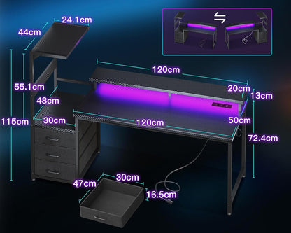 Bureau Gaming Coleshome Électrique – Éclairage LED RGB, Réversible avec Rangement et Support Écran – 140 cm – Style Moderne
