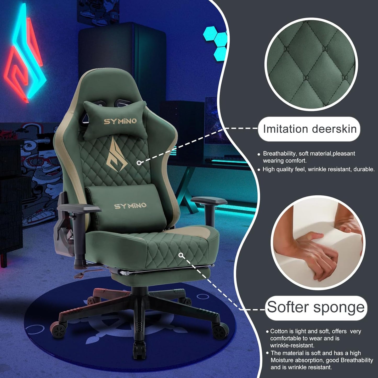 Chaise Gaming Symino – Ergonomique avec Repose-Pieds, Dossier Inclinable, Accoudoirs Ajustables, Cuir PU, Coussin Lombaire & Têtière