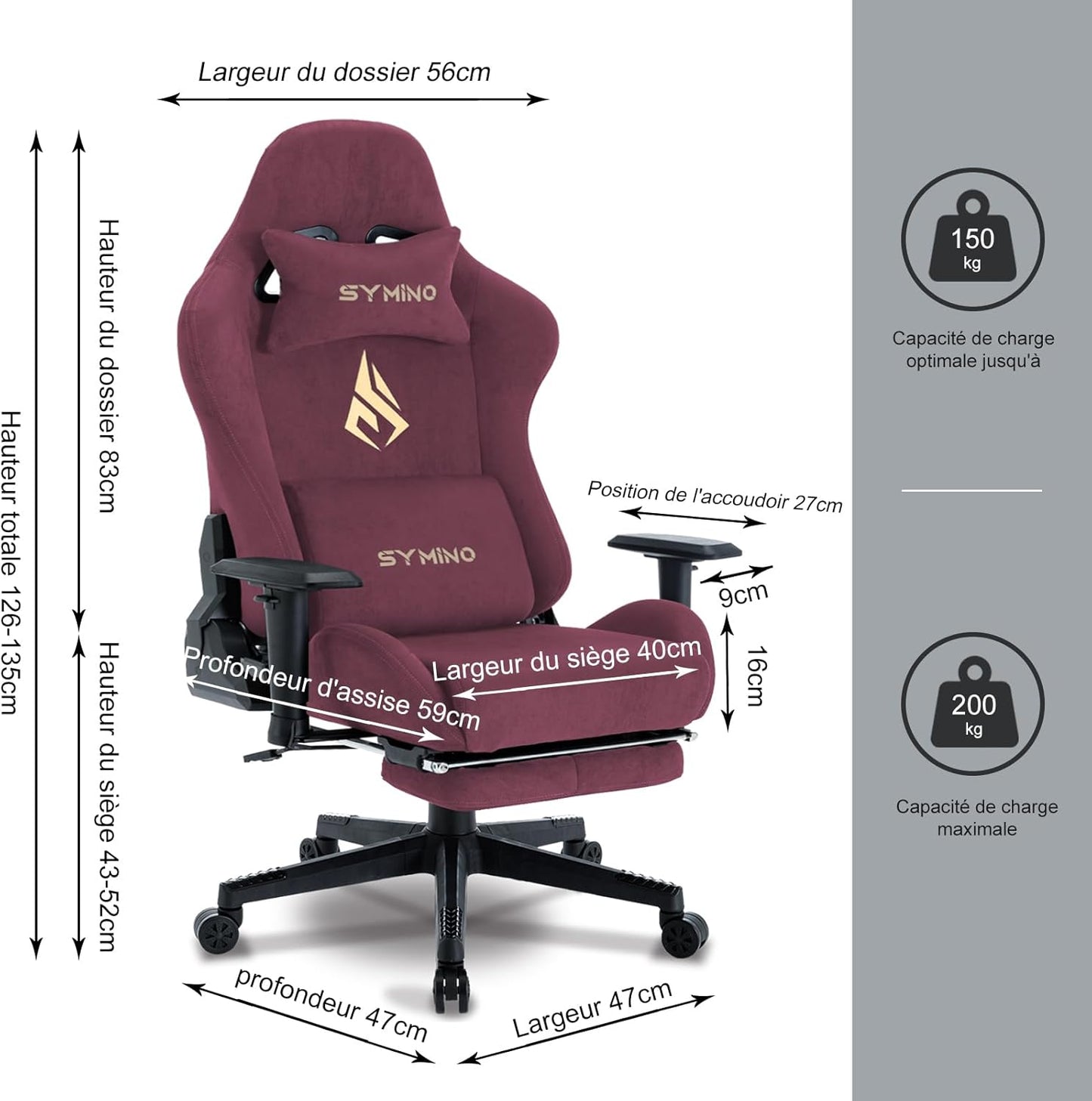 Chaise Gaming Symino – Ergonomique avec Repose-Pieds, Dossier Inclinable, Accoudoirs Ajustables, Cuir PU, Coussin Lombaire & Têtière