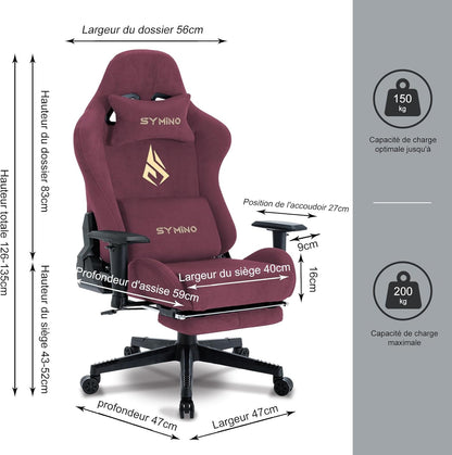 Chaise Gaming Symino – Ergonomique avec Repose-Pieds, Dossier Inclinable, Accoudoirs Ajustables, Cuir PU, Coussin Lombaire & Têtière